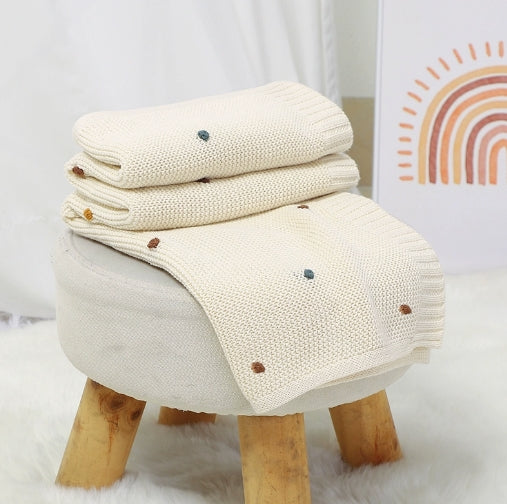 Couverture-Bebe-Tricot-Petits pompons-blanc