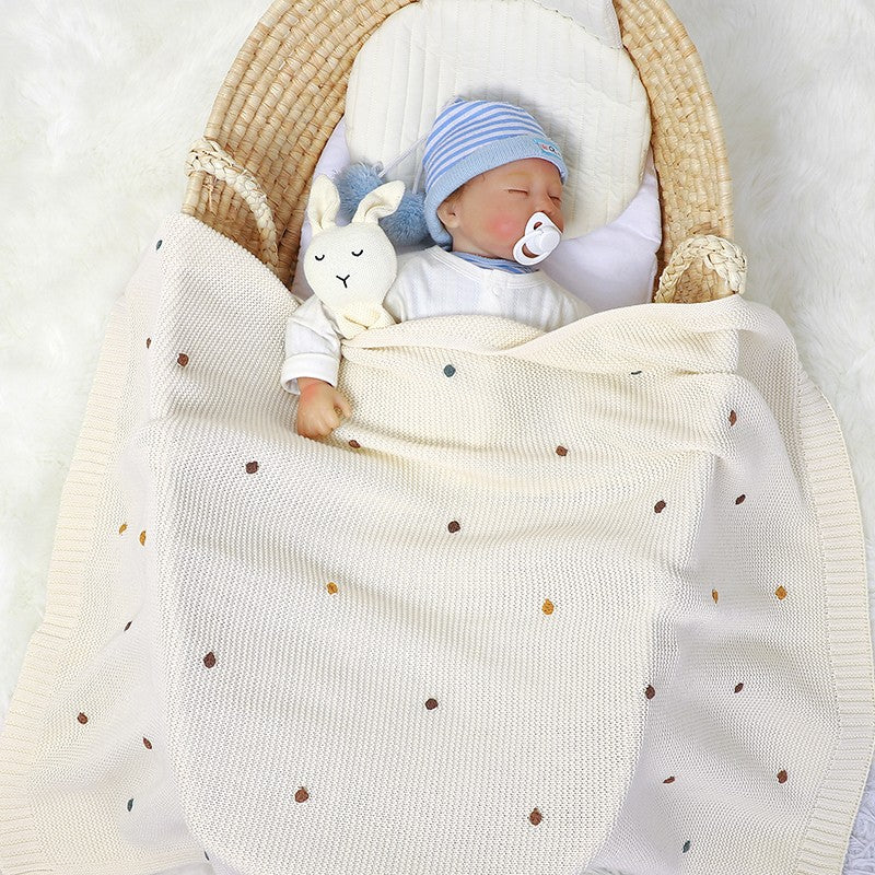 Couverture-Bebe-Tricot-Petits pompons-moment-magique