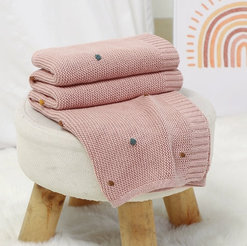 Couverture-Bebe-Tricot-Petits pompons-rose
