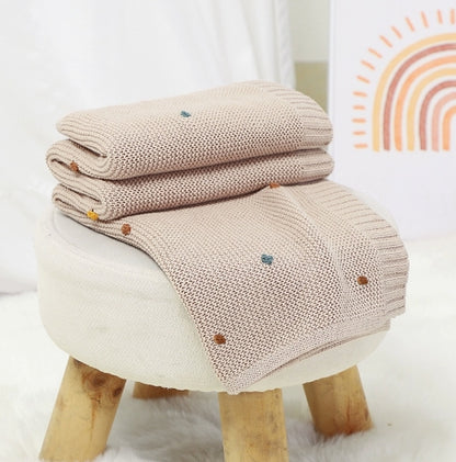 Couverture-Bebe-Tricot-Petits pompons-beige