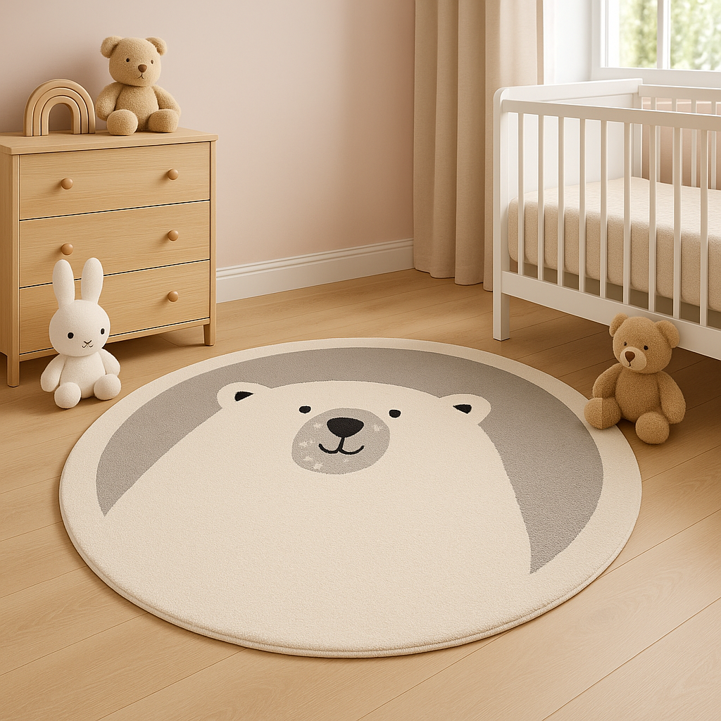 Tapis De Jeu Rond 80 Cm Antidérapant Ours Polaire & Pingouin - Bleu Lac, Doux Et Lavable Pour Enfants